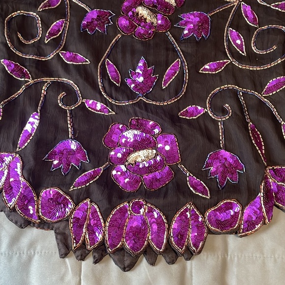 VTG Sequin Floral Top Large Black Purple Evening NWT Maximalist Pappel Glam 80s - Picture 16 of 16